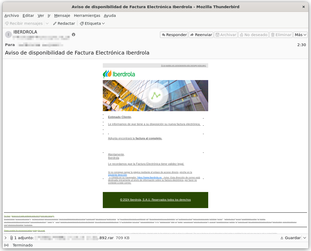 En la imagen se detalla un correo electrónico fraudulento donde, esta vez, suplantan la identidad de Iberdrola, una empresa de energía para que descargues un malware.