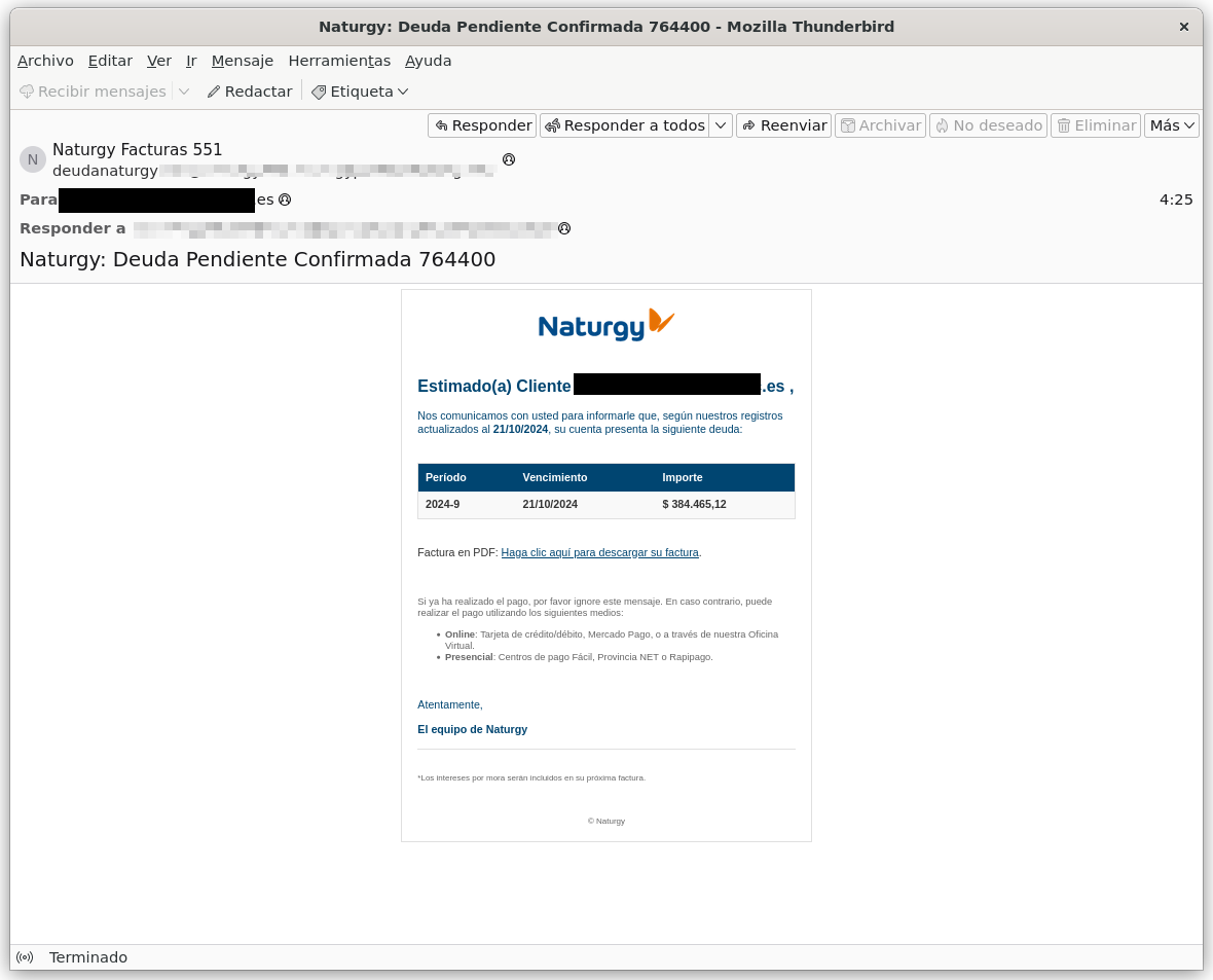 En la imagen se detalla un correo electrónico fraudulento donde suplantan la identidad de Naturgy, una empresa de energía para que descargues un malware.