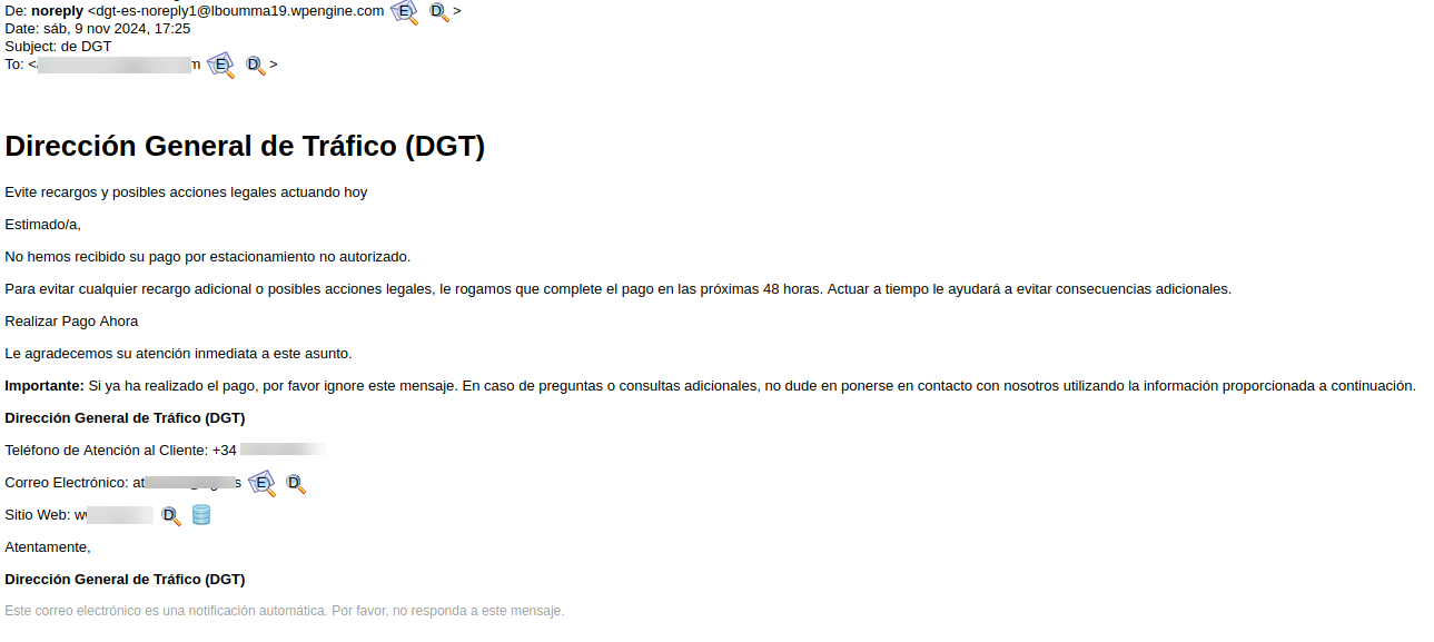 La imagen representa el cuerpo de un correo electrónico haciéndose pasar por la DGT e informando al usuario de que tiene una multa pendiente de pago, y debe realizarlo en las próximas 48 horas si quiere evitar recargos. Pero se puede observar que el remitente no tiene nada que ver con la DGT.