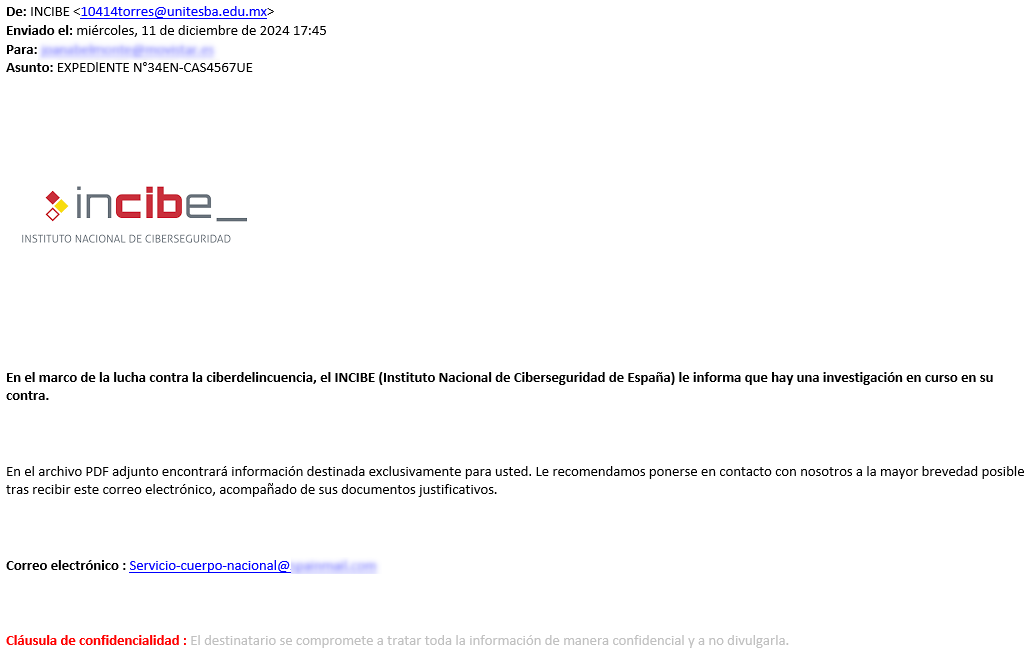 En la imagen se representa un correo recibido suplantando a el INCIBE informando a esa persona de que esta siendo investigada en la lucha contra la ciberdelincuencia, y debe descargar un PDF adjunto y enviar la documentación necesaria a un correo que se le proporciona para evitar los cargos.