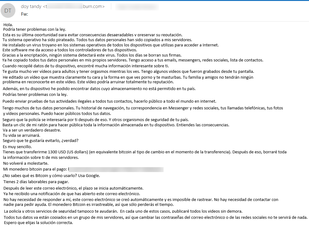 La imagen representa un ejemplo de correo electrónico que ha recibido la víctima donde el ciberdelincuente le hace chantaje para no difundir contenido íntimo a sus contactos, y le pide un pago en Bitcoins.