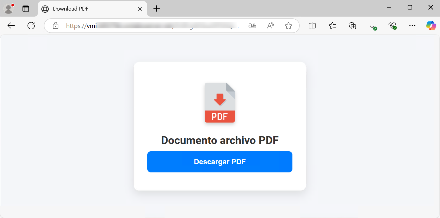 En la imagen se muestra una página web fraudulenta que muestra un botón azul con el texto 'Descargar PDF'. La web intenta engañar al usuario para que descargue un archivo malicioso haciéndose pasar por un documento legítimo.