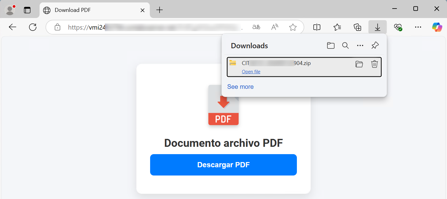 En la imagen se muestra una página web fraudulenta que muestra un botón azul con el texto 'Descargar PDF'. En la parte superior derecha, se despliega la ventana de descargas del navegador, mostrando un archivo ZIP descargado con un nombre sospechoso, lo que indica una posible amenaza de malware.