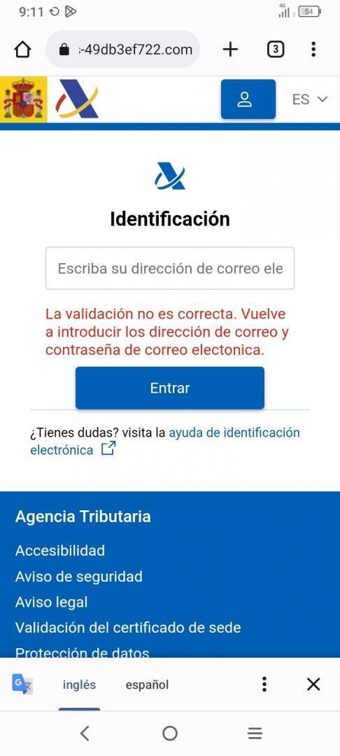 Mensaje de error, después de que el usuario haya introducido sus credenciales