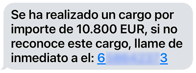 Se ha realizado un cargo por importe de XXXXEUR, si no reconoce este cargo, llame de inmediato a el: XXXX