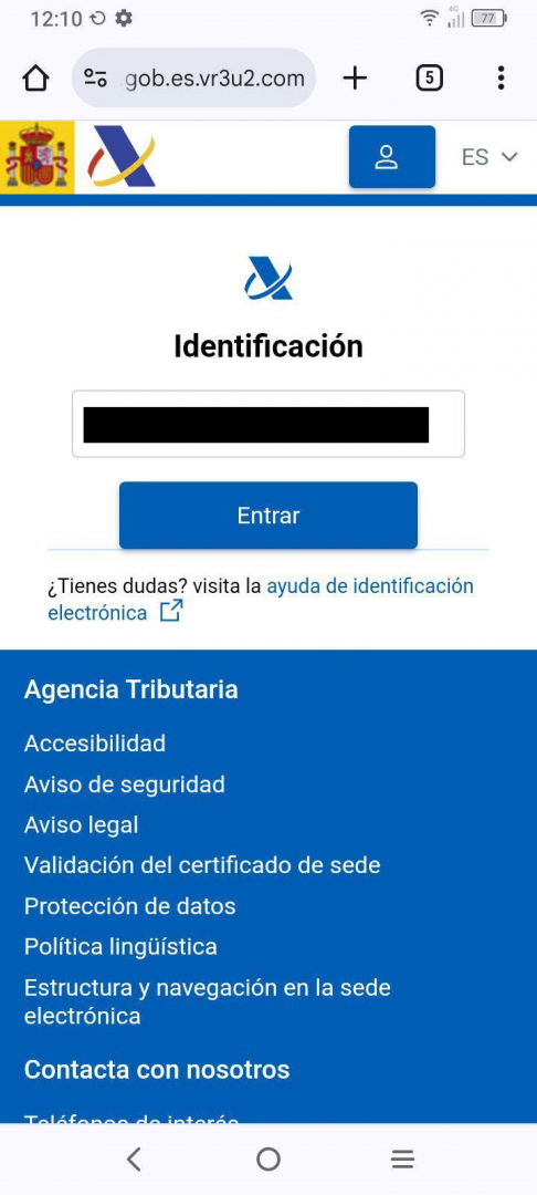 Página web fraudulenta en la que se solicitan datos personales