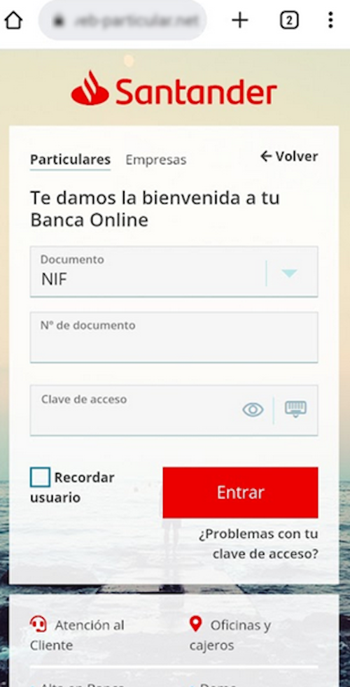 Se muestra la web suplantada de Santander con un formulario para realizar el inicio de sesion a esta.
