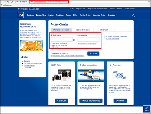 Imagen que muestra la página web fraudulenta, donde resalta la dirección falsa y el cuadro donde introducir credenciales