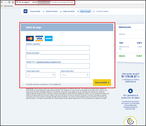 Imagen que muestra la página fraudulenta que simula ser una pasarela de pago, donde resalta la dirección falsa y los cuadros donde se introducirán datos bancarios