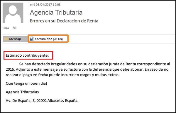 Email phishing Agencia Tributaria